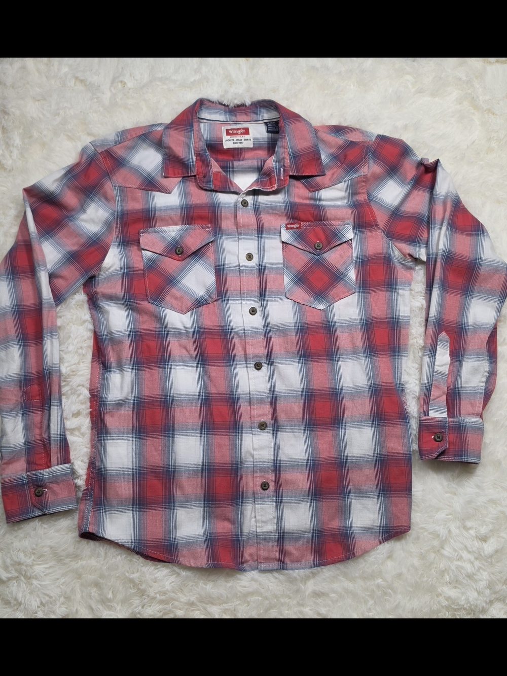 Wrangler Red and White Plaid Button-Down Western Shirt Mens Size Medium